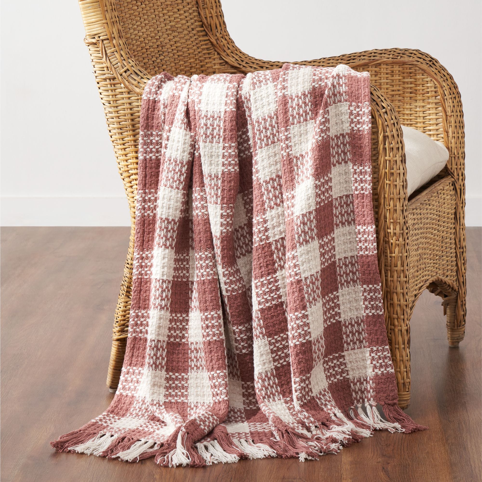 Dusty Rose Woven Check Throw Blanket with Fringe 50x60 SpadezStore