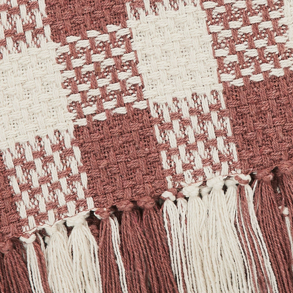 Dusty Rose Woven Check Throw Blanket with Fringe 50x60 SpadezStore