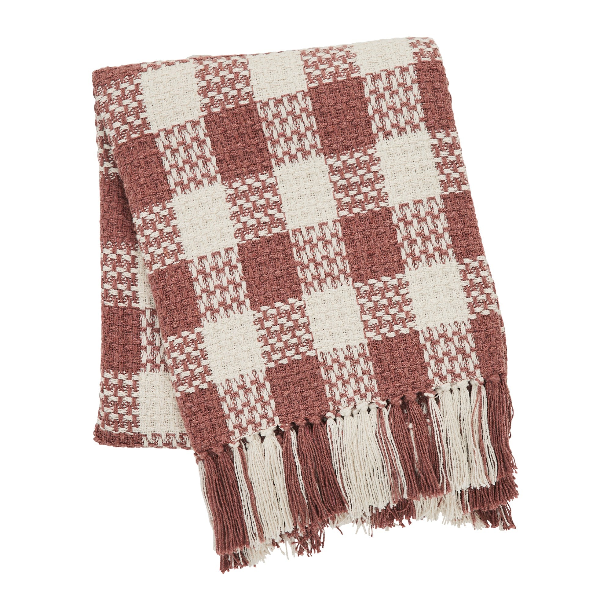Dusty Rose Woven Check Throw Blanket with Fringe 50x60 SpadezStore