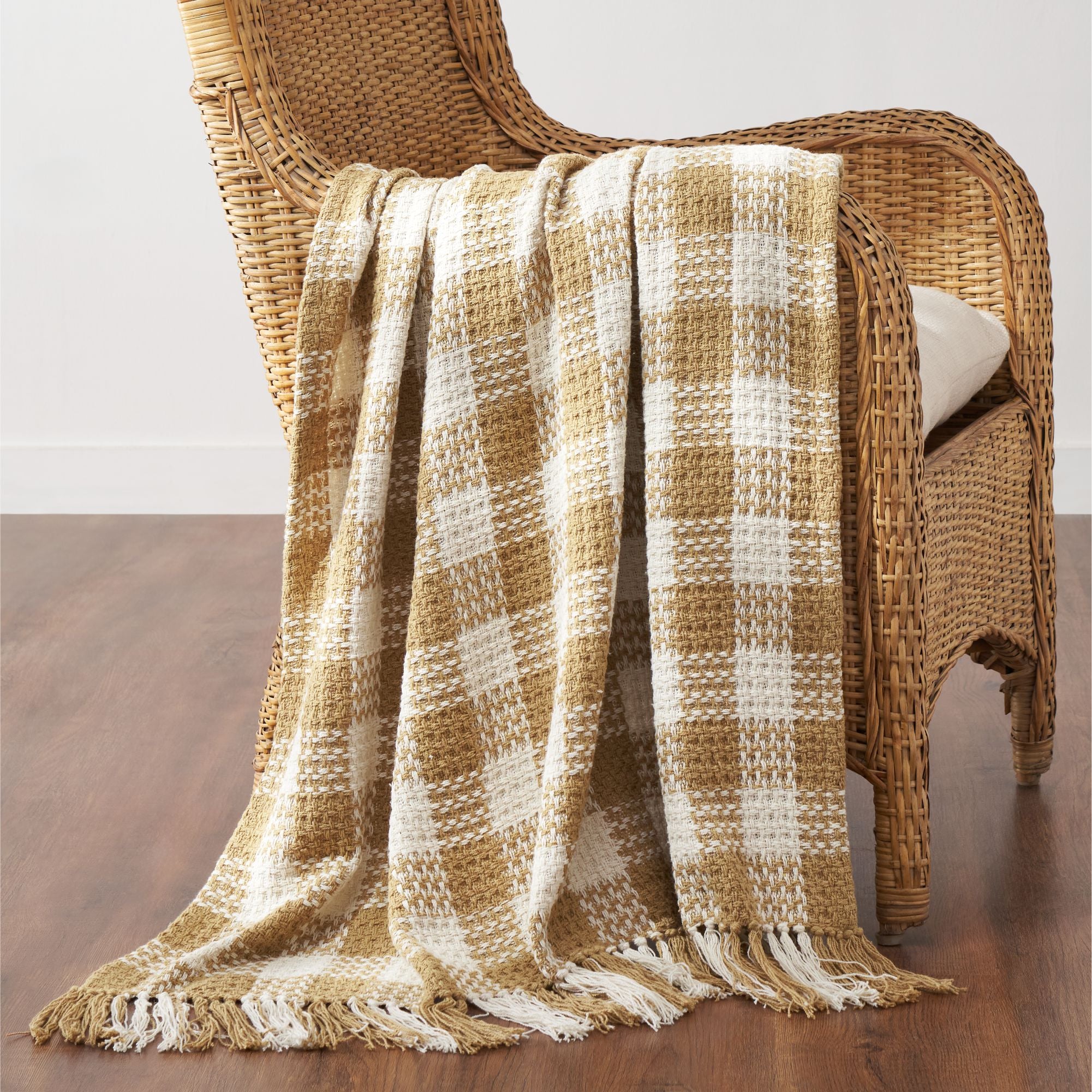 Golden Wheat Woven Check Throw Blanket with Fringe 50x60 SpadezStore