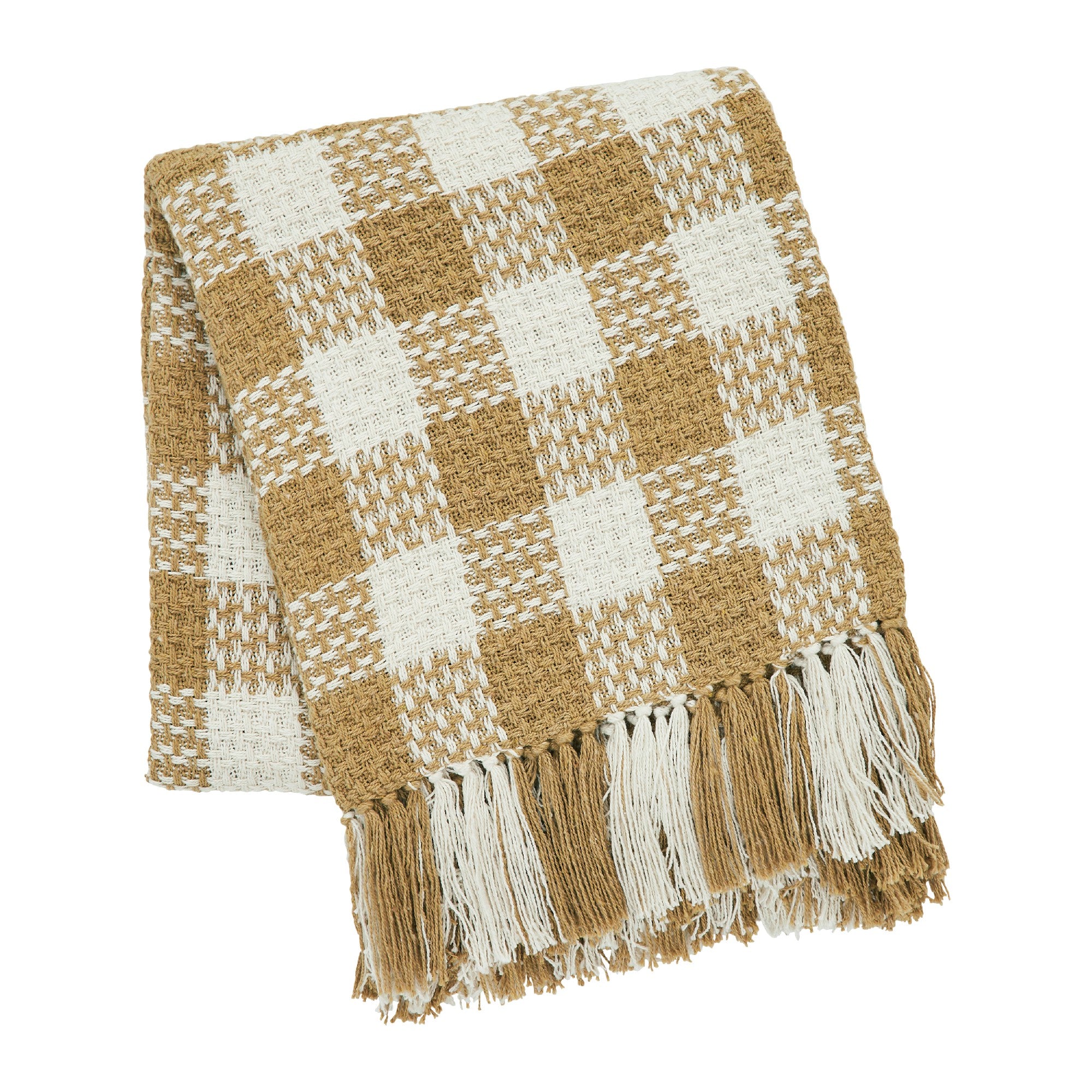 Golden Wheat Woven Check Throw Blanket with Fringe 50x60 SpadezStore