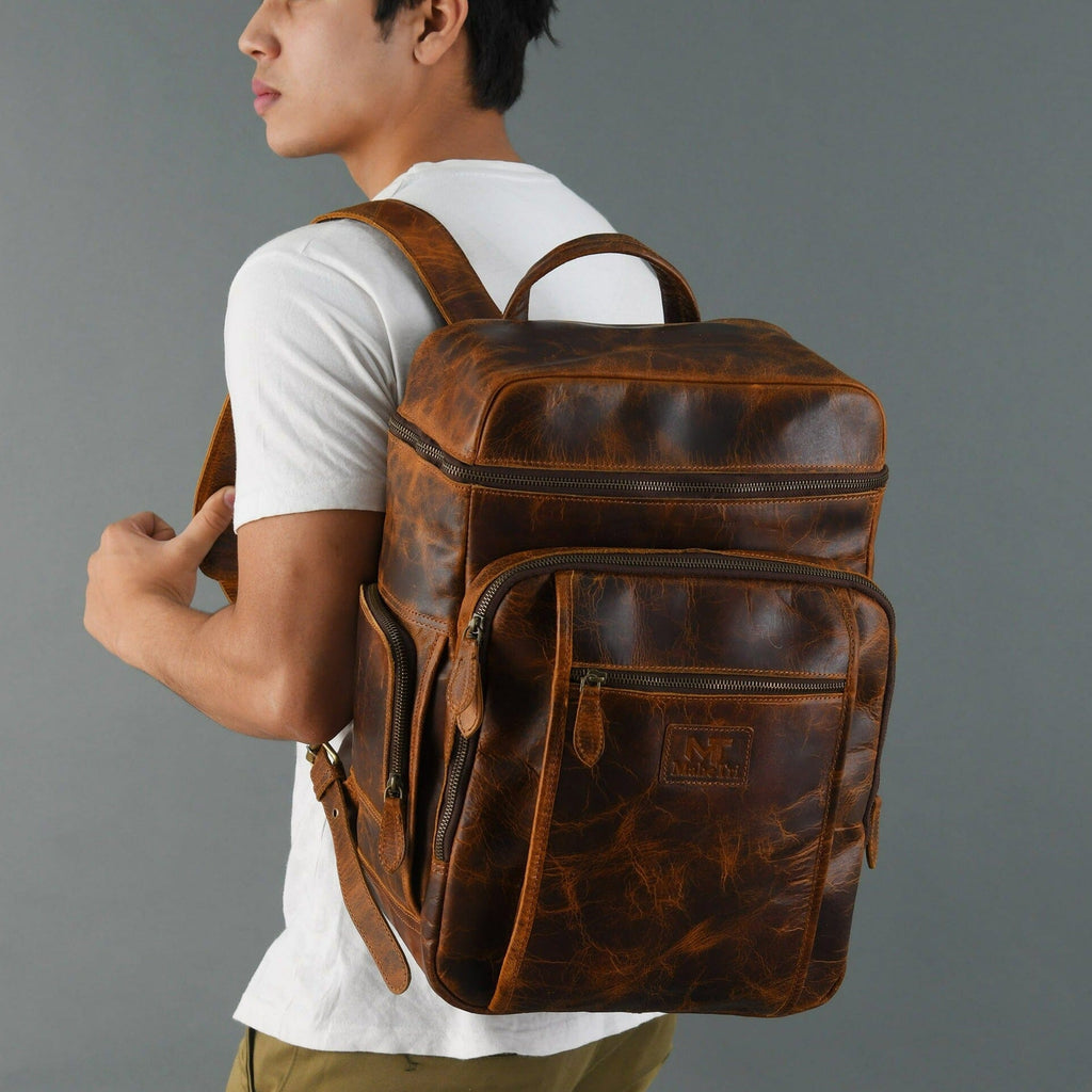 Classy Leather Bags Alpha Caramel Buffalo Leather Travel Backpack SpadezStore