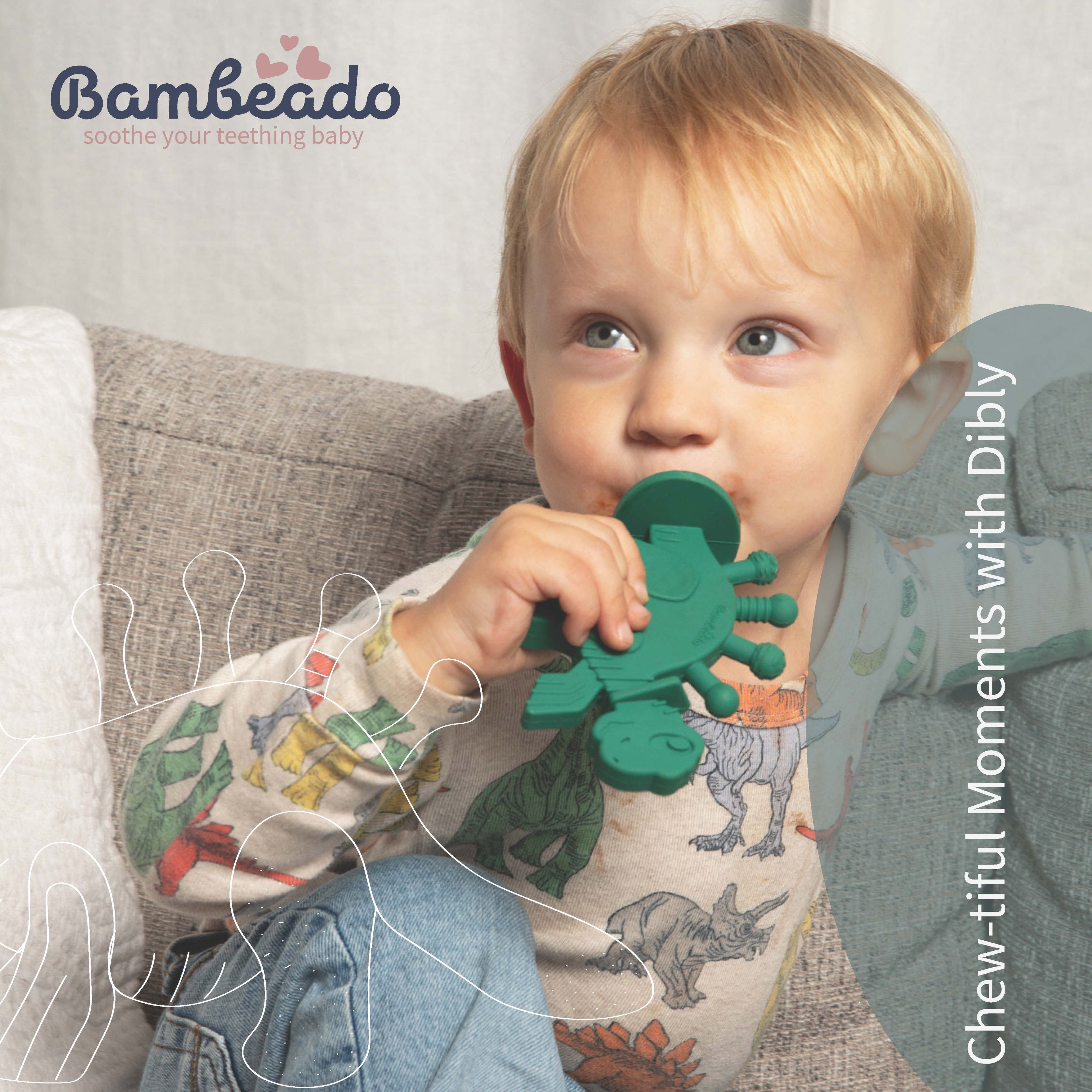 Bambeado Dibly - Green - Baltic Amber & Natural Rubber Dinosaur Teether with Toothbrush Tail