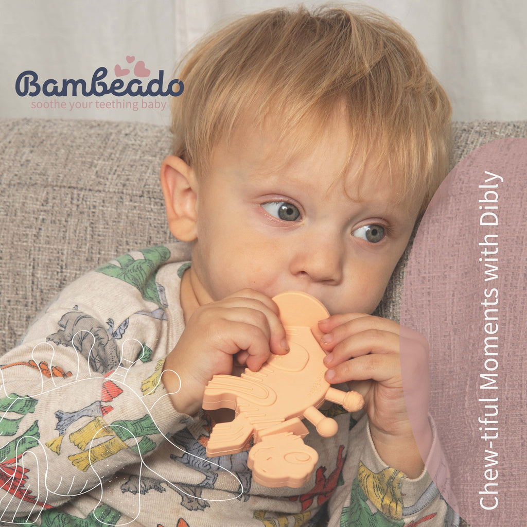 Bambeado Dibly - Pink - Baltic Amber & Natural Rubber Dinosaur Teether with Toothbrush Tail