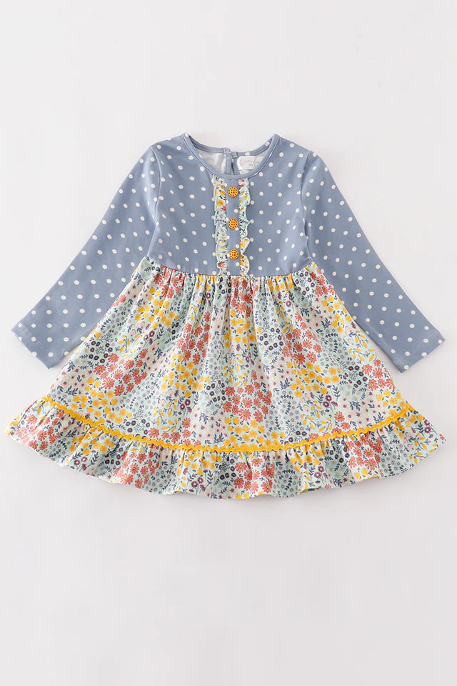 Cotton Castle Platinum Blue Floral Print Dot Dress A24H107 SpadezStore