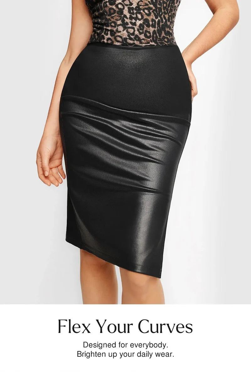Popilush Shapewear Sculpting Faux Leather Front Slit Midi Skirt