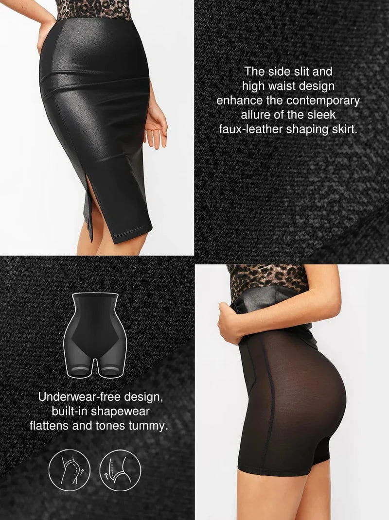 Popilush Shapewear Sculpting Faux Leather Front Slit Midi Skirt
