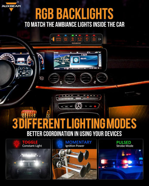 Auxbeam AS Series 6 Gang (AS-R60) RGB Slim Switch Panel, Toggle/ Momentary/ Pulsed Mode Supported (One-Sided Outlet)