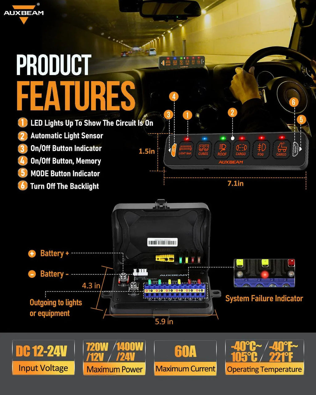 Auxbeam AS Series 6 Gang (AS-R60) RGB Slim Switch Panel, Toggle/ Momentary/ Pulsed Mode Supported (One-Sided Outlet)
