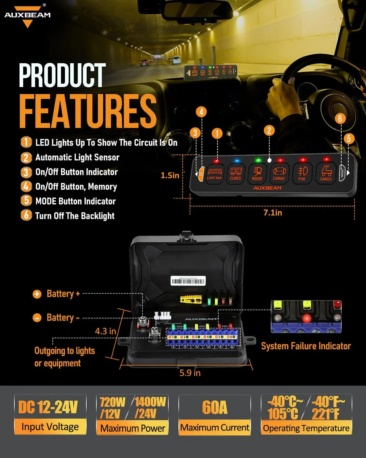 Auxbeam AS Series 6 Gang (AS-R60) RGB Slim Switch Panel, Toggle/ Momentary/ Pulsed Mode Supported (One-Sided Outlet)
