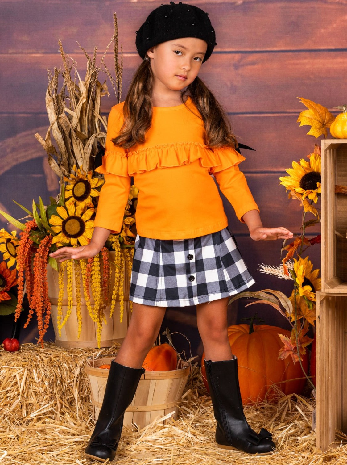 Mia Belle Girls Posh Pumpkin Plaid Skirt Set SpadezStore