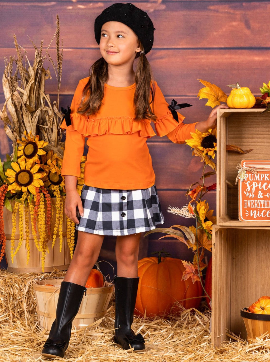 Mia Belle Girls Posh Pumpkin Plaid Skirt Set SpadezStore