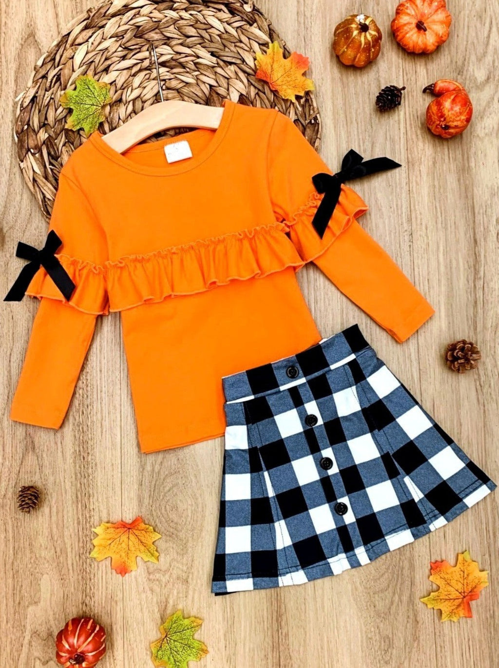 Mia Belle Girls Posh Pumpkin Plaid Skirt Set SpadezStore
