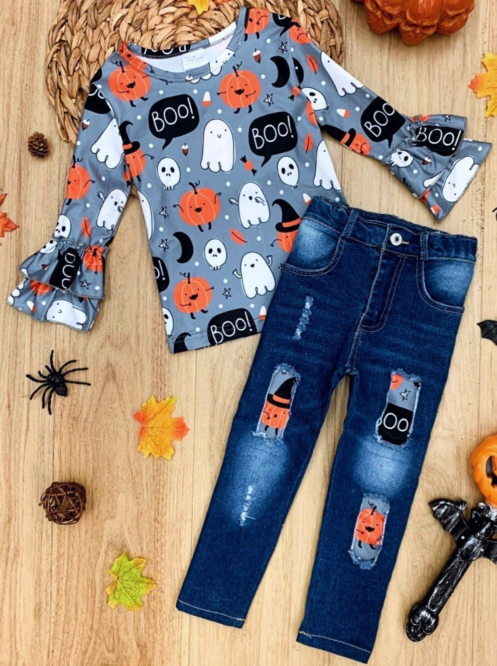 Mia Belle Girls Hey Boo Top and Patched Jeans Set SpadezStore