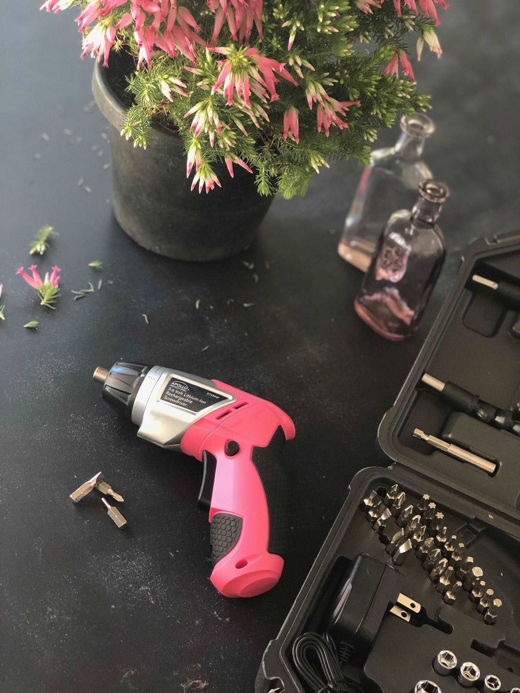 Apollo Tools 3.6 Volt Lithium-Ion Rechargeable Screwdriver with 45 Piece Accessory Set - Pink DT4944P SpadezStore