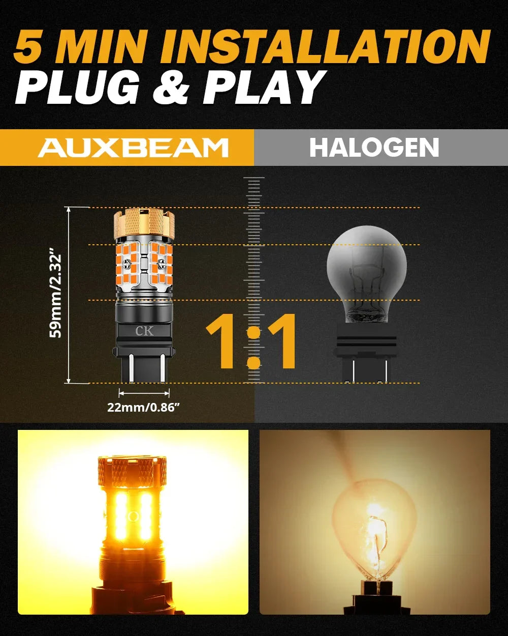 Auxbeam 3157 US-CK LED Turn Signal Light Rear/Front, Side Maker Light Bulbs 50W 4000LM CAN-Bus Error Free 3000K Amber B21-PRO Series | 2 Bulbs