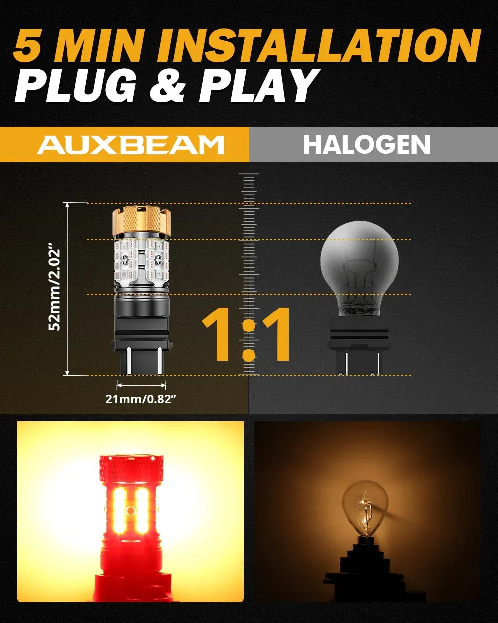 Auxbeam T25 3157 3156 LED Brake/Tail Light Bulbs 50W 4000LM CAN-Bus Error Free Red B21-PRO Series | 2 Bulbs