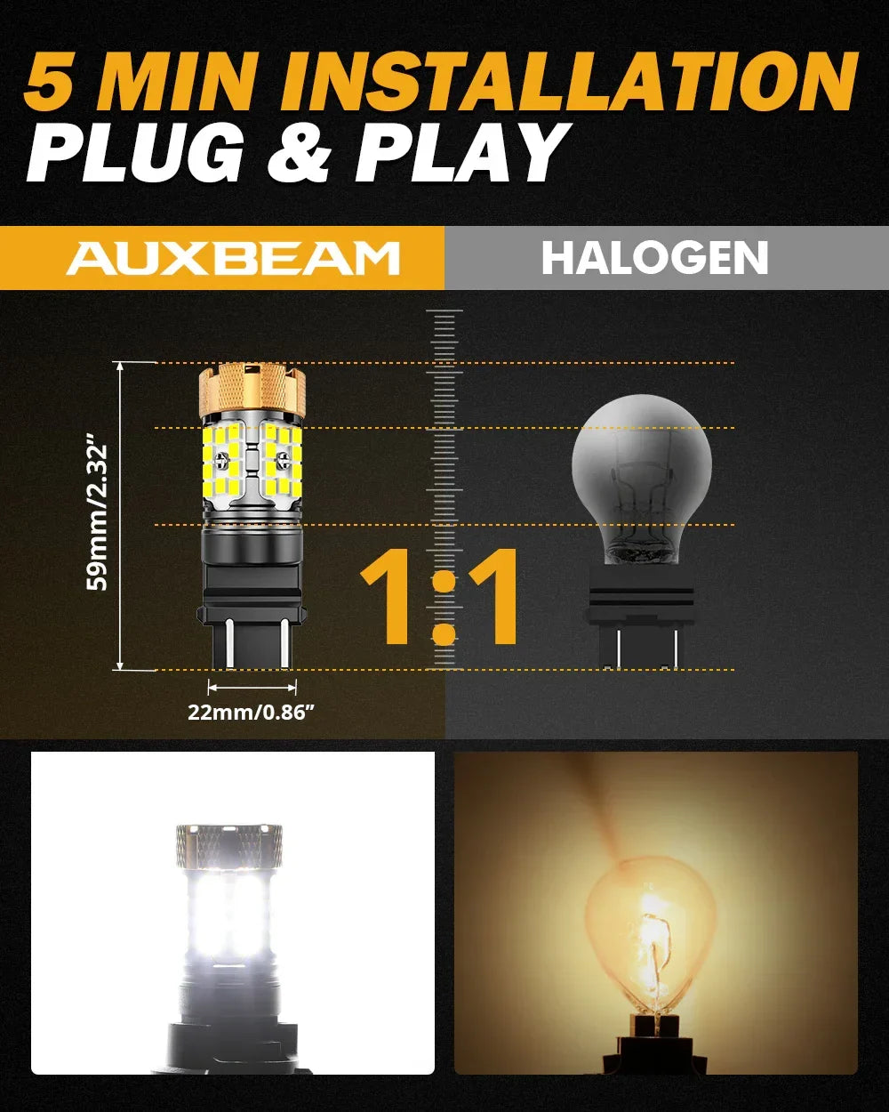 Auxbeam T25 3157 3156 LED Backup Reverse/Turn Signal/Brake Tail Light Bulbs 50W 4000LM CAN-Bus Error Free 6500K White B21-PRO Series | 2 Bulbs