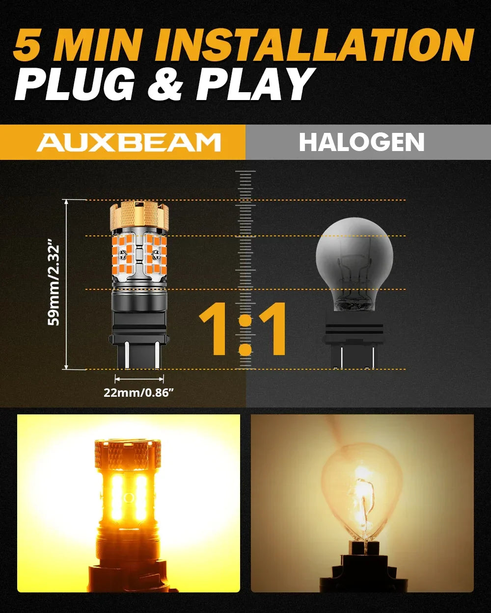 Auxbeam T25 3157 3156 LED Turn Signal Light Rear/Front, Side Marker Light Bulbs 50W 4000LM CAN-Bus Error Free 3000K Amber B21-PRO Series |2 Bulbs