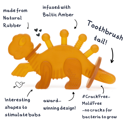 Bambeado Dibly Amber - Baltic Amber & Natural Rubber Dinosaur Teether with Toothbrush Tail SpadezStore