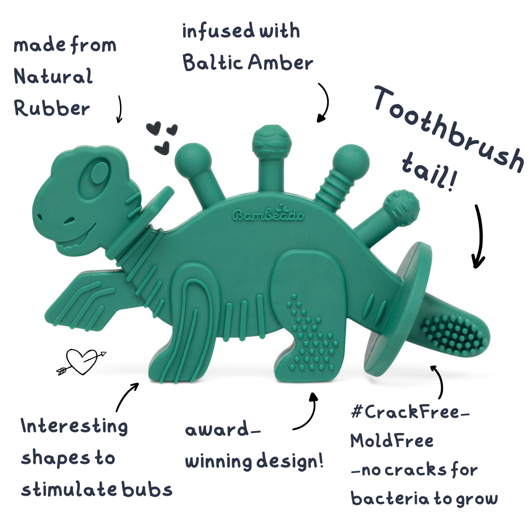Bambeado Dibly - Green - Baltic Amber & Natural Rubber Dinosaur Teether with Toothbrush Tail