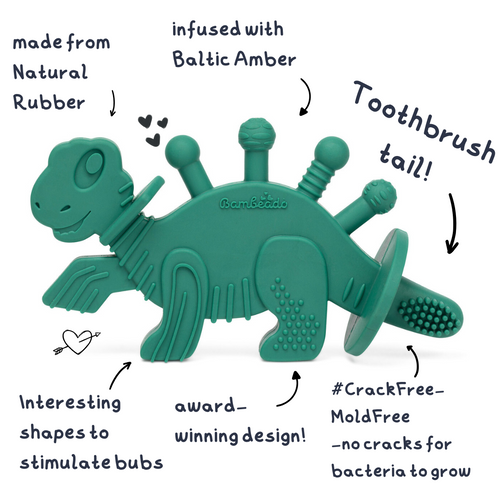Bambeado Dibly - Green - Baltic Amber & Natural Rubber Dinosaur Teether with Toothbrush Tail SpadezStore