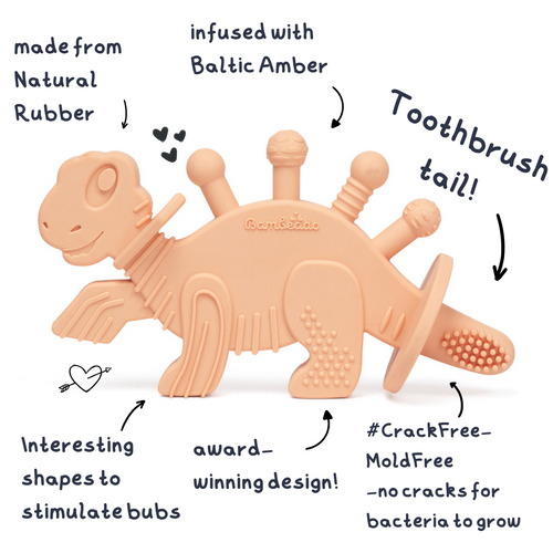 Bambeado Dibly - Pink - Baltic Amber & Natural Rubber Dinosaur Teether with Toothbrush Tail SpadezStore