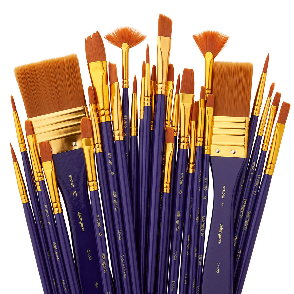 KINGART Studio Gold Nylon Brush Set - Acrylic & Watercolor - 30 pc