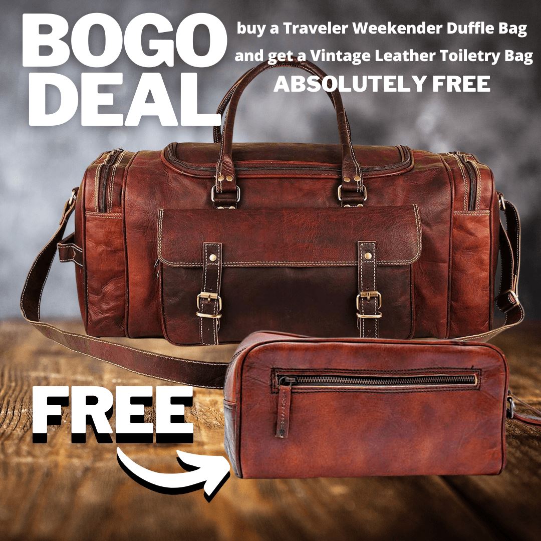 Classy Leather Bags BOGO: Traveler Weekender Duffle Bag + FREE Toiletry Bag SpadezStore
