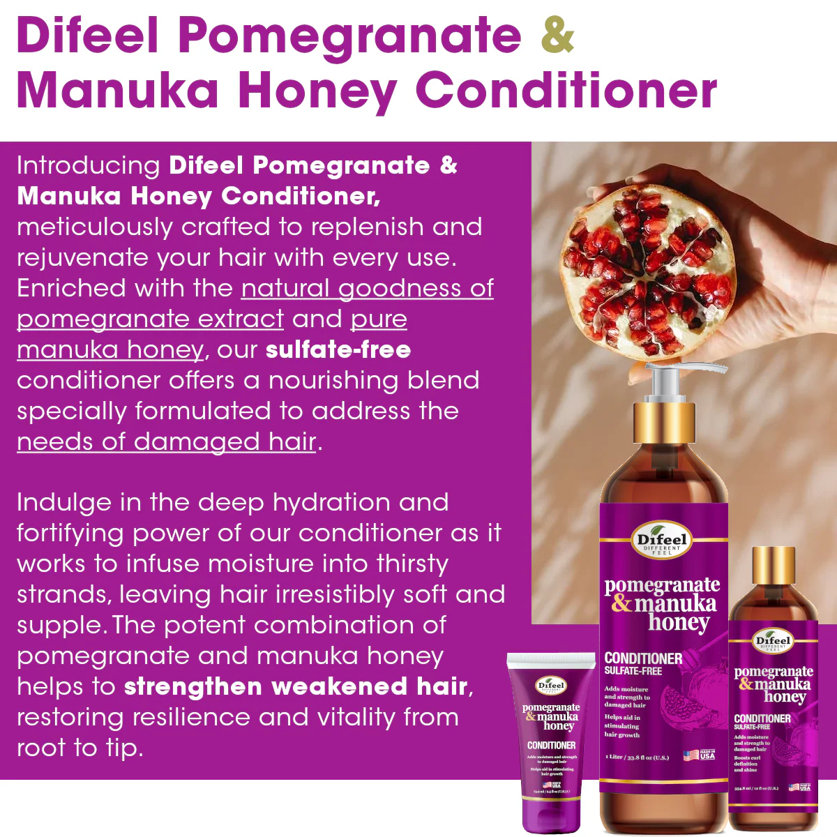Difeel Pomegranate & Manuka Honey Conditioner 12oz SpadezStore
