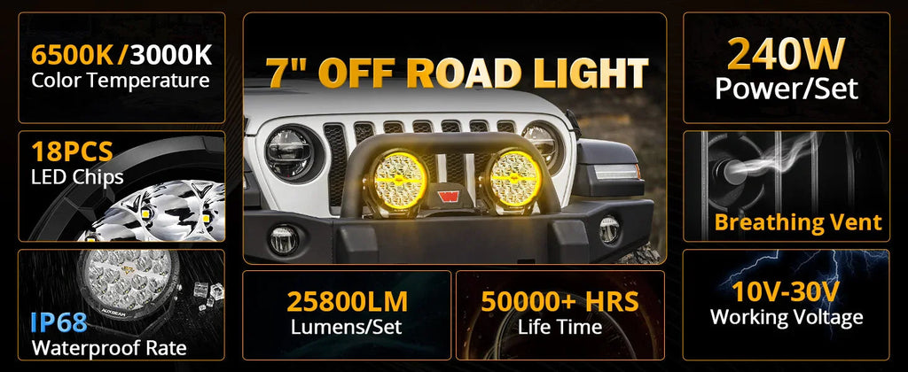 Auxbeam RAY-L Series | 7 Inch 240W 25800LM Dual DRL Offroad LED Driving Lights SpadezStore