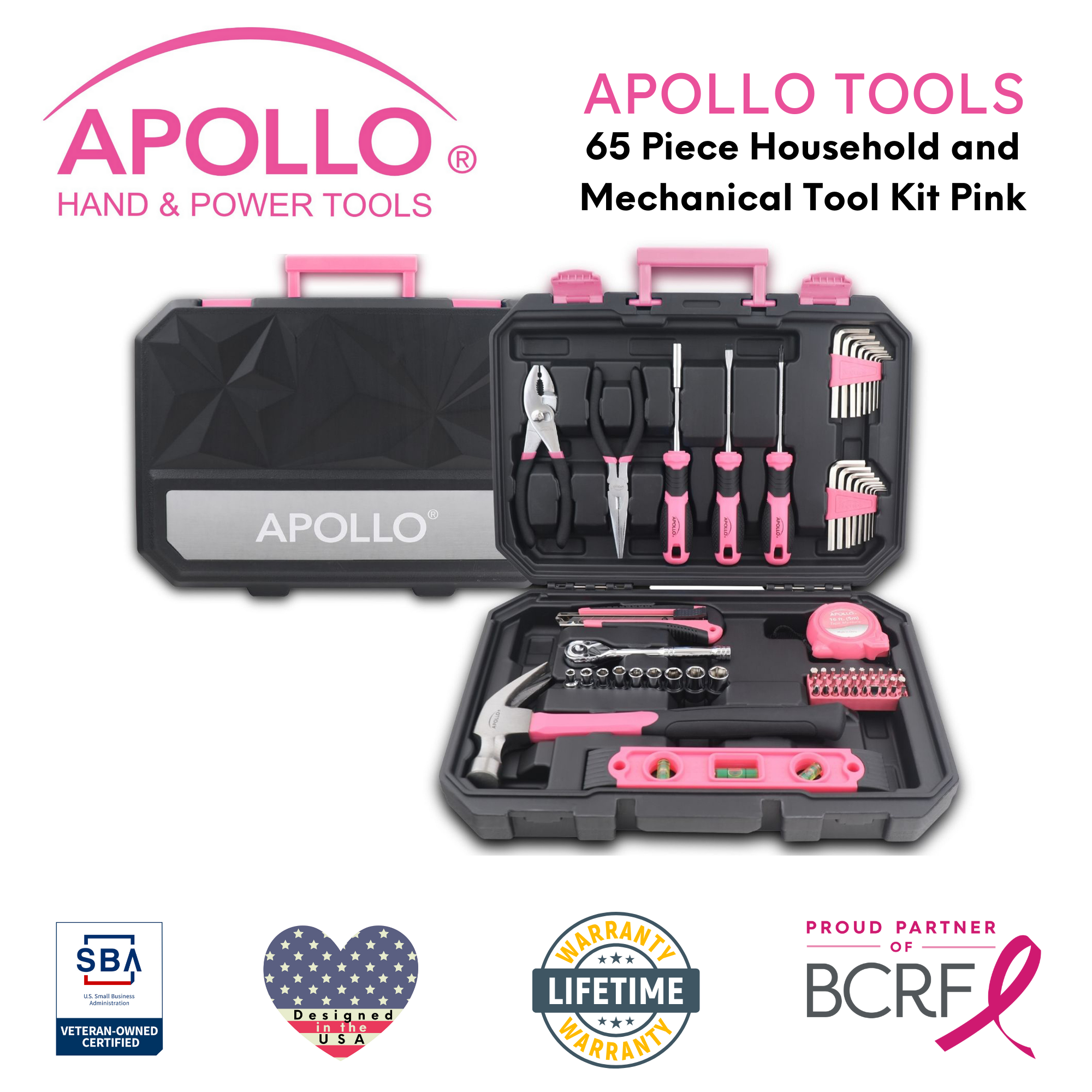 Apollo Tools Essential 65-Piece Pink Tool Set with Socket Set and Most-Used Tools for Do it Yourself Repairs and Maintenance - DT0001P SpadezStore