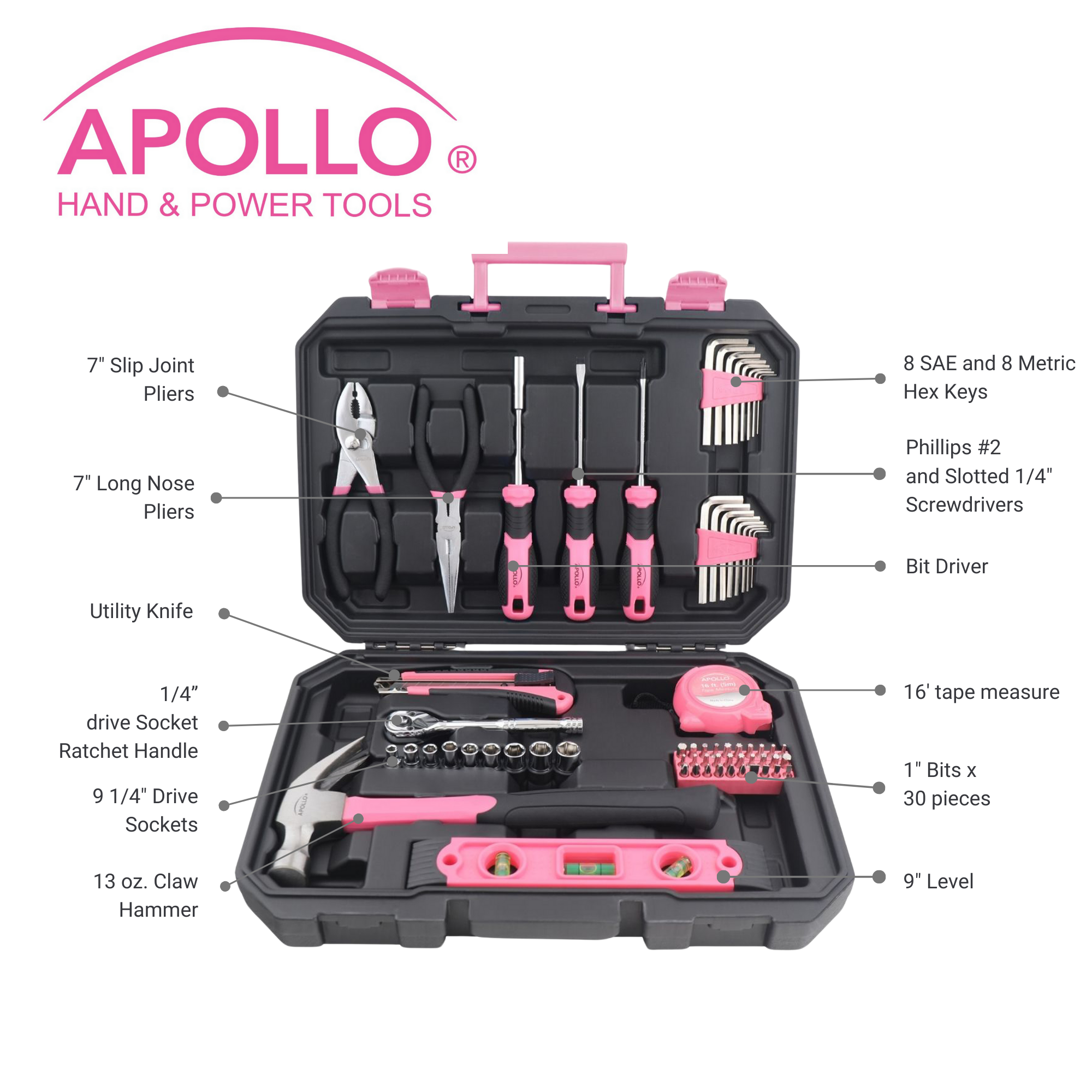Apollo Tools Essential 65-Piece Pink Tool Set with Socket Set and Most-Used Tools for Do it Yourself Repairs and Maintenance - DT0001P SpadezStore