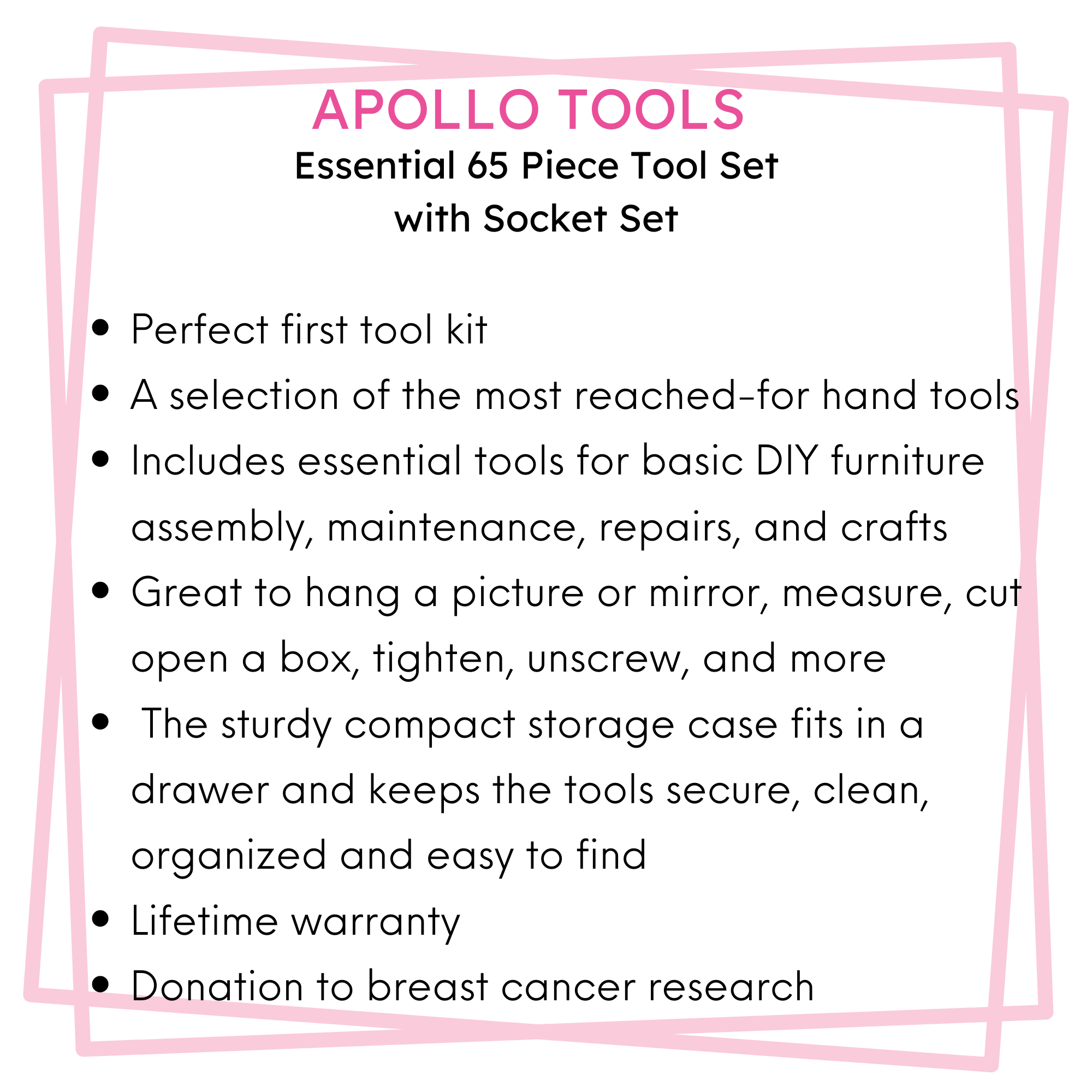 Apollo Tools Essential 65-Piece Pink Tool Set with Socket Set and Most-Used Tools for Do it Yourself Repairs and Maintenance - DT0001P SpadezStore