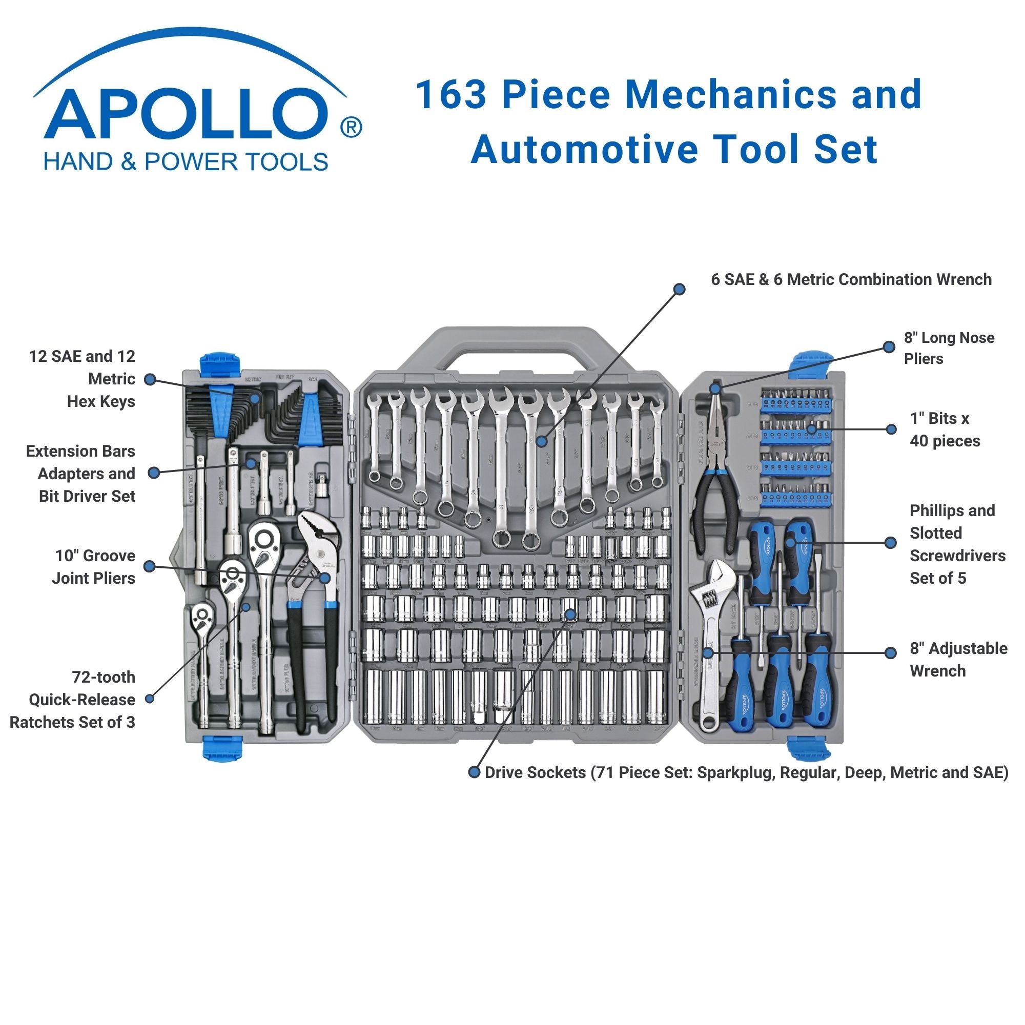 Apollo Tools 163 Piece Mechanics Tool Kit - DT0002 SpadezStore