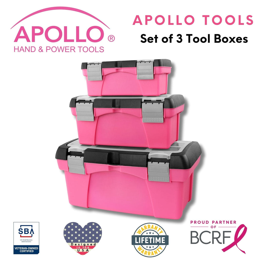 Apollo Tools 3 Piece Tool Box - Pink - DT5005P SpadezStore