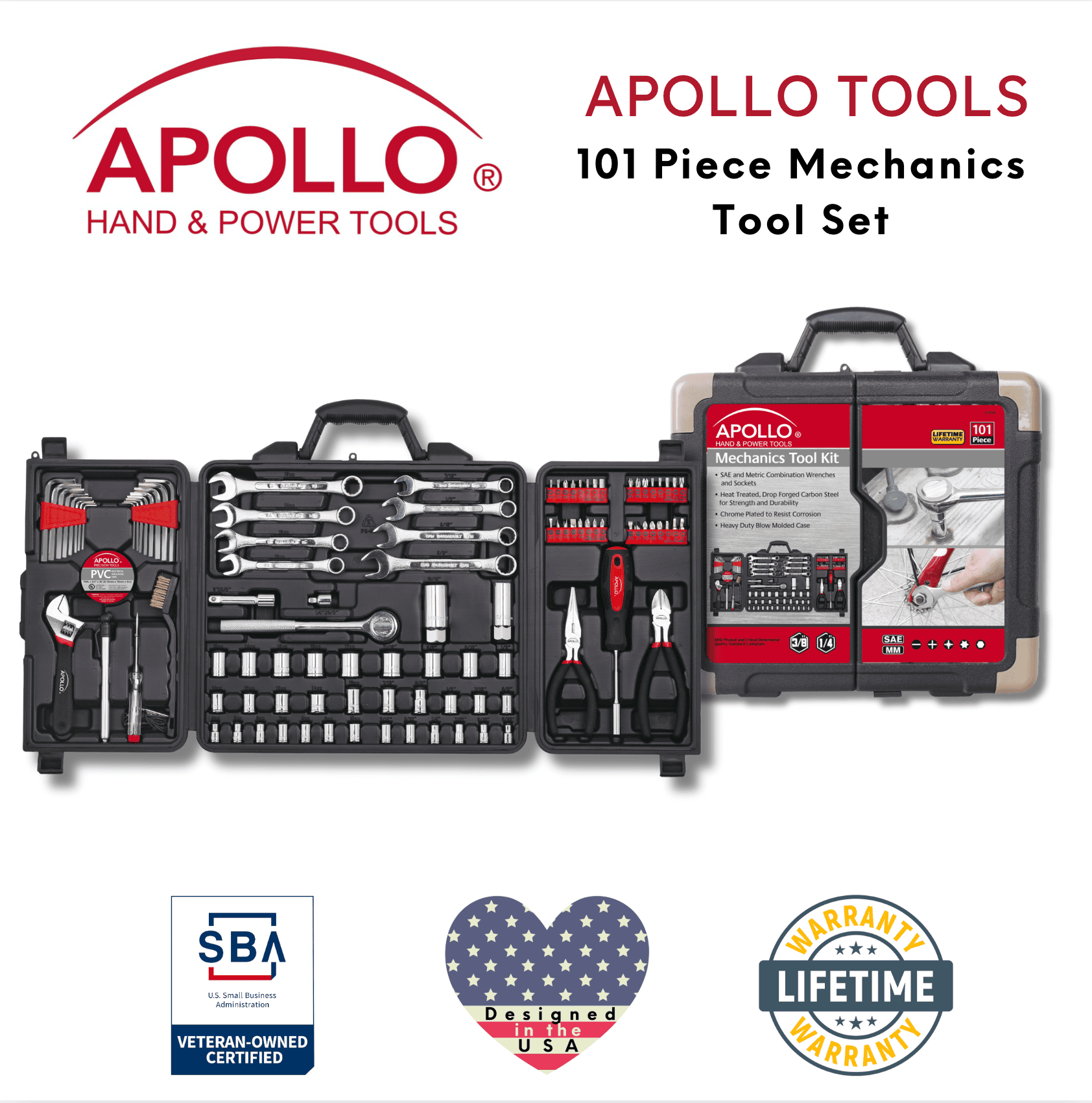 Apollo Tools 101 Piece Mechanic Tool Set for Vehicle and Home Maintenance, Roadside Emergencies. SAE and Metric Tool Set for Car, Boat, RV, Bikes - DT0006 SpadezStore