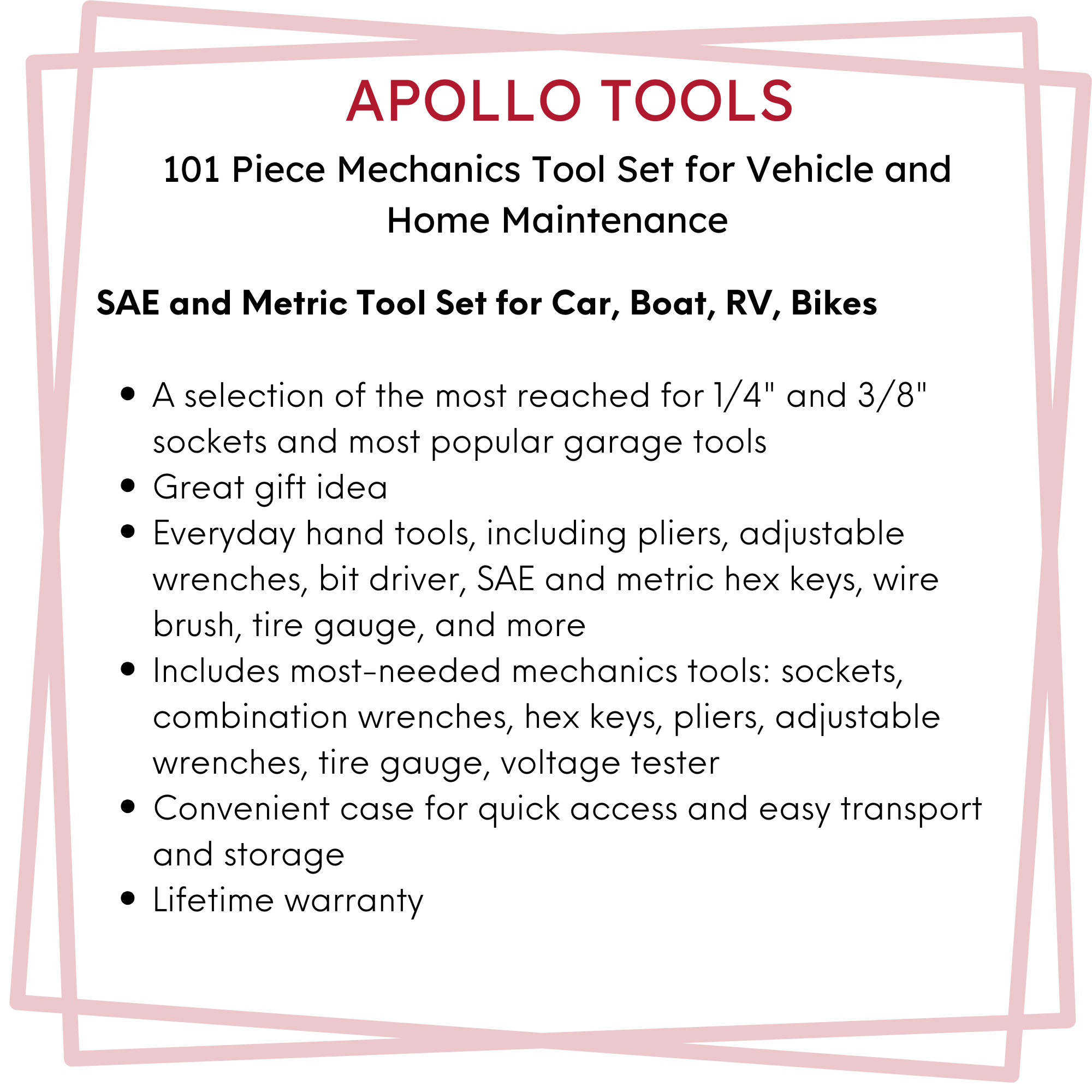 Apollo Tools 101 Piece Mechanic Tool Set for Vehicle and Home Maintenance, Roadside Emergencies. SAE and Metric Tool Set for Car, Boat, RV, Bikes - DT0006 SpadezStore
