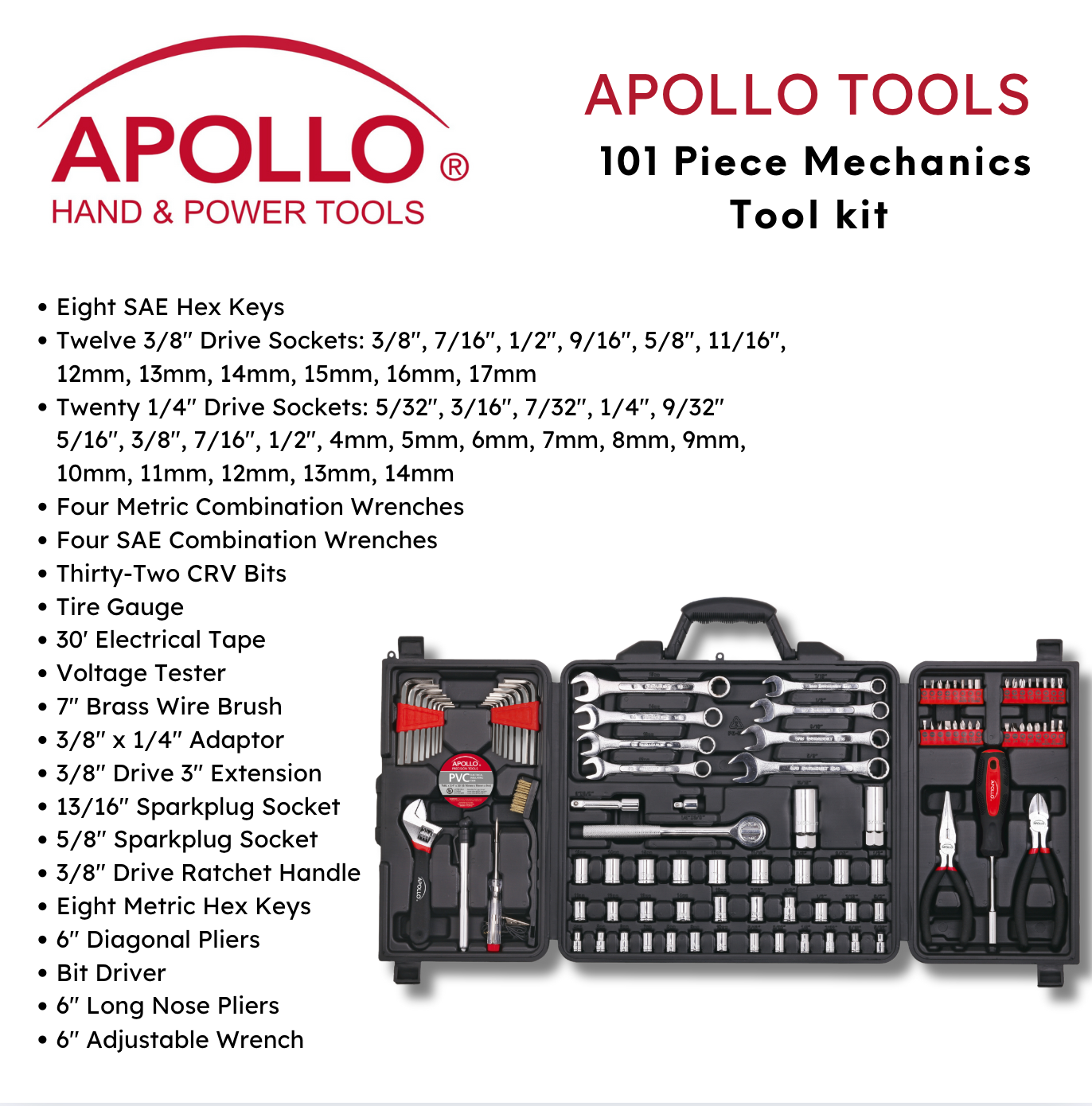Apollo Tools 101 Piece Mechanic Tool Set for Vehicle and Home Maintenance, Roadside Emergencies. SAE and Metric Tool Set for Car, Boat, RV, Bikes - DT0006 SpadezStore