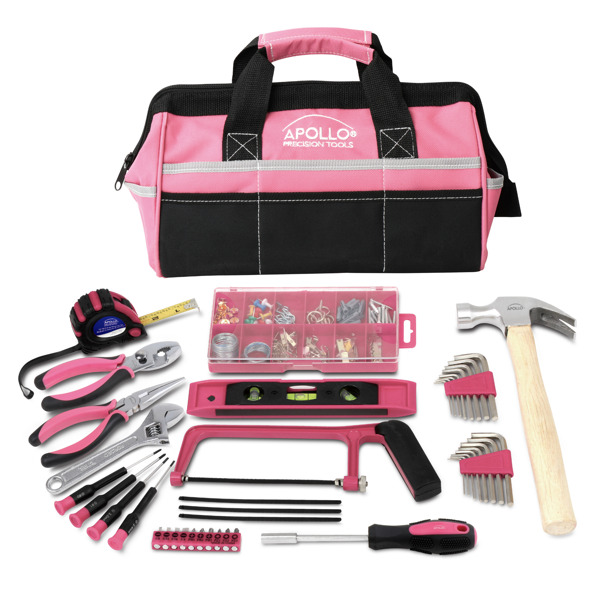 Apollo Tools 201 Piece Household Tool Kit in a Soft-Sided Tool Bag Pink - DT0020P SpadezStore