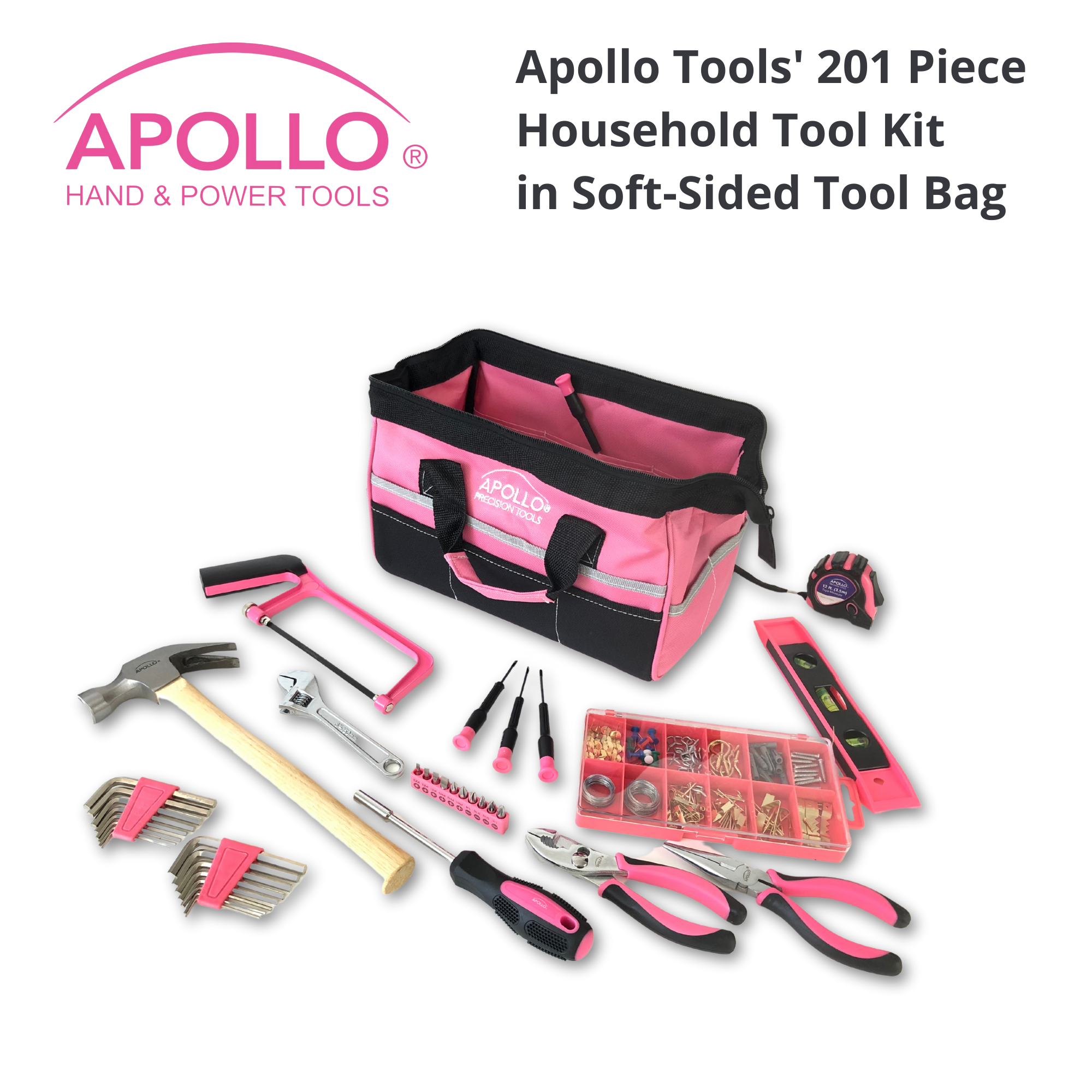 Apollo Tools 201 Piece Household Tool Kit in a Soft-Sided Tool Bag Pink - DT0020P SpadezStore