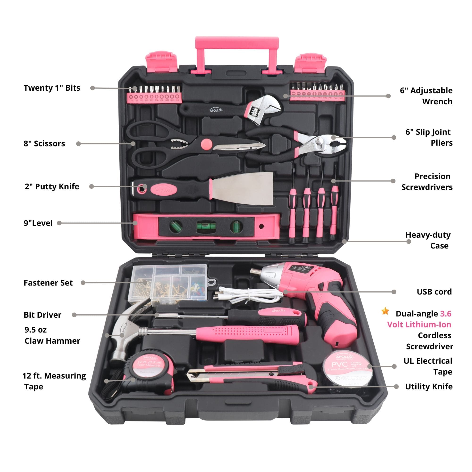 Apollo Tools New and Improved 135 Piece Pink Household Tool Set with Pivoting Dual-Angle 3.6 Volt Lithium-Ion Cordless Screwdriver in Hard Case - DT0774P SpadezStore