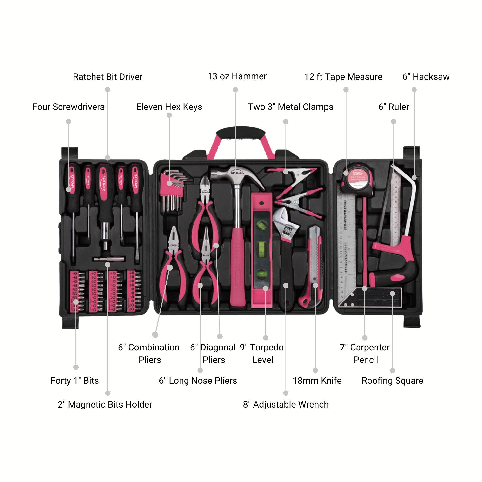 Apollo Tools 71 Piece Household Tool Kit Pink - DT0204P SpadezStore