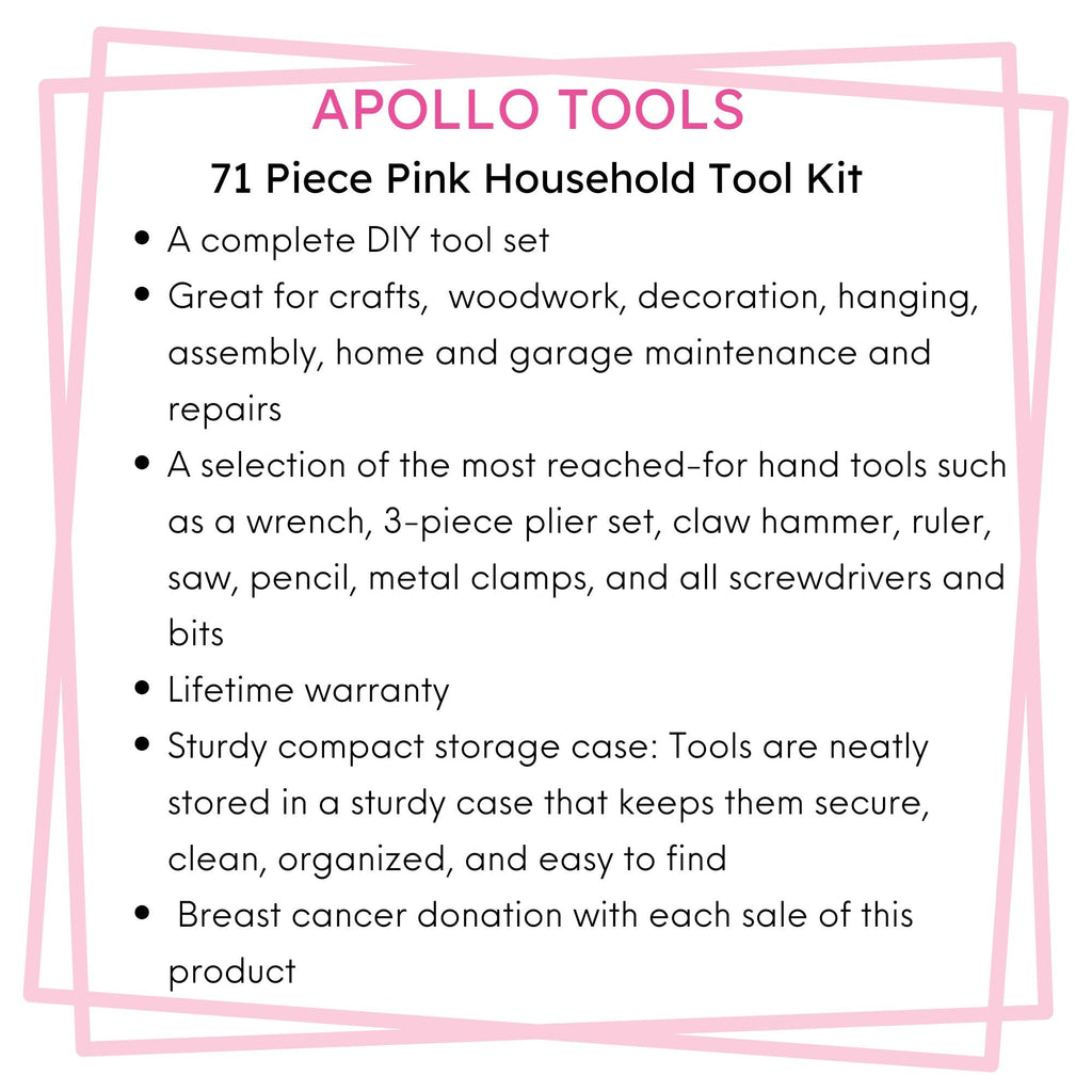Apollo Tools 71 Piece Household Tool Kit Pink - DT0204P SpadezStore