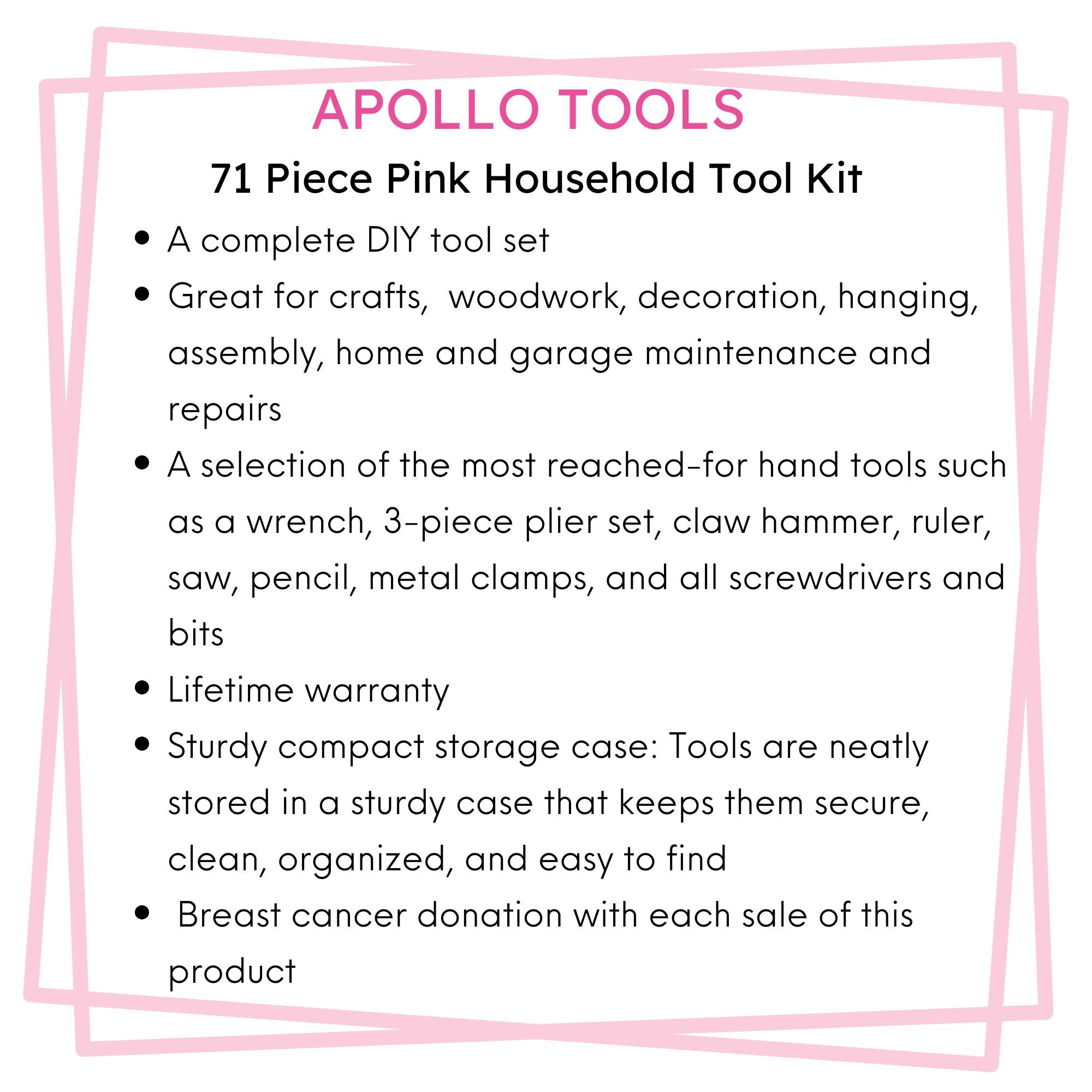 Apollo Tools 71 Piece Household Tool Kit Pink - DT0204P SpadezStore