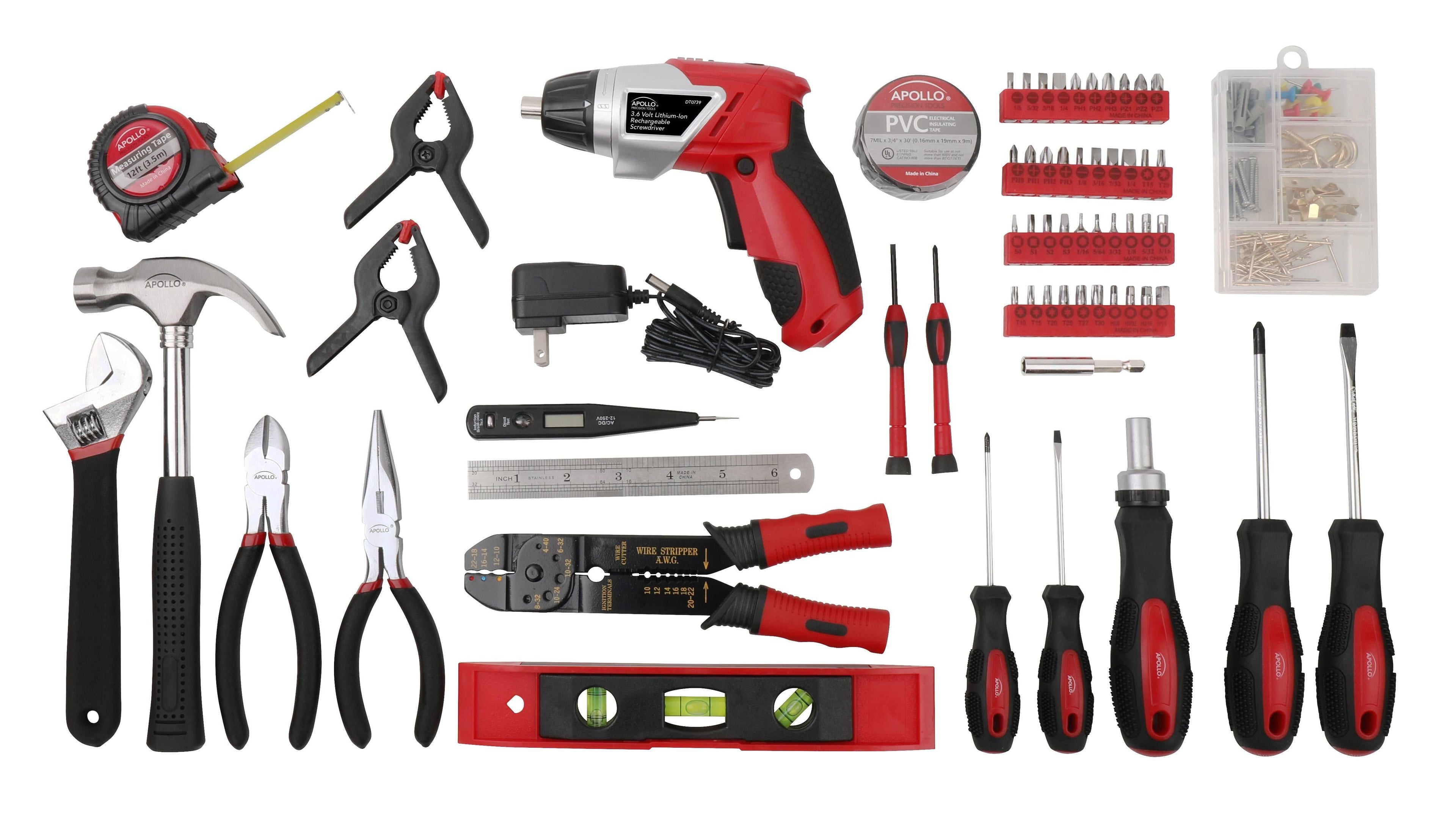 Apollo Tools 161 Piece Household Tool Kit with Convenient 3.6 Volt Lithium Ion Cordless Screwdriver - DT0739 SpadezStore