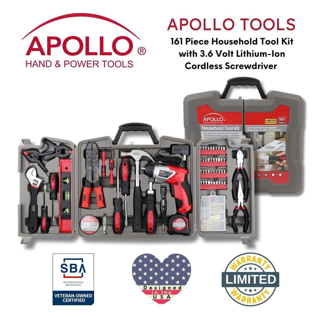 Apollo Tools 161 Piece Household Tool Kit with Convenient 3.6 Volt Lithium Ion Cordless Screwdriver - DT0739 SpadezStore