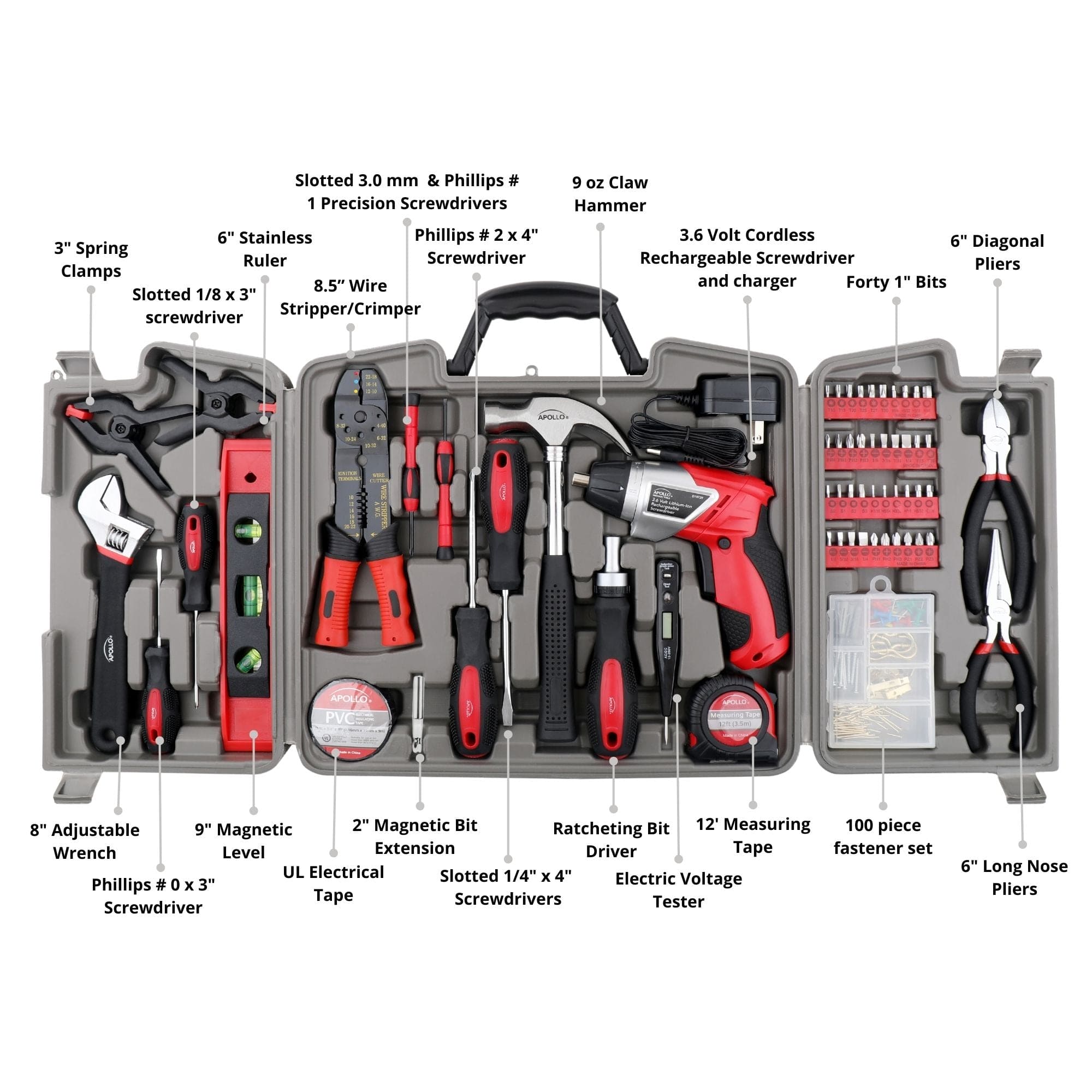 Apollo Tools 161 Piece Household Tool Kit with Convenient 3.6 Volt Lithium Ion Cordless Screwdriver - DT0739 SpadezStore
