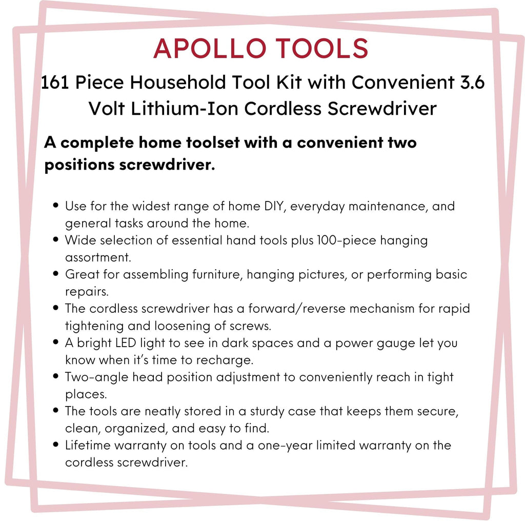 Apollo Tools 161 Piece Household Tool Kit with Convenient 3.6 Volt Lithium Ion Cordless Screwdriver - DT0739 SpadezStore