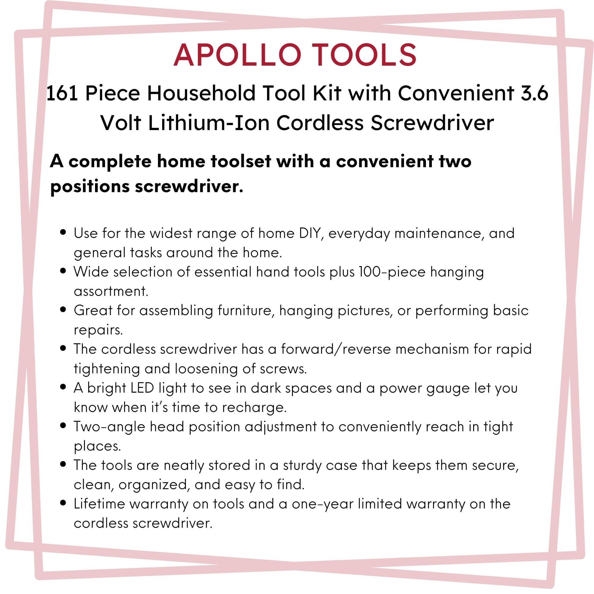 Apollo Tools 161 Piece Household Tool Kit with Convenient 3.6 Volt Lithium Ion Cordless Screwdriver - DT0739 SpadezStore